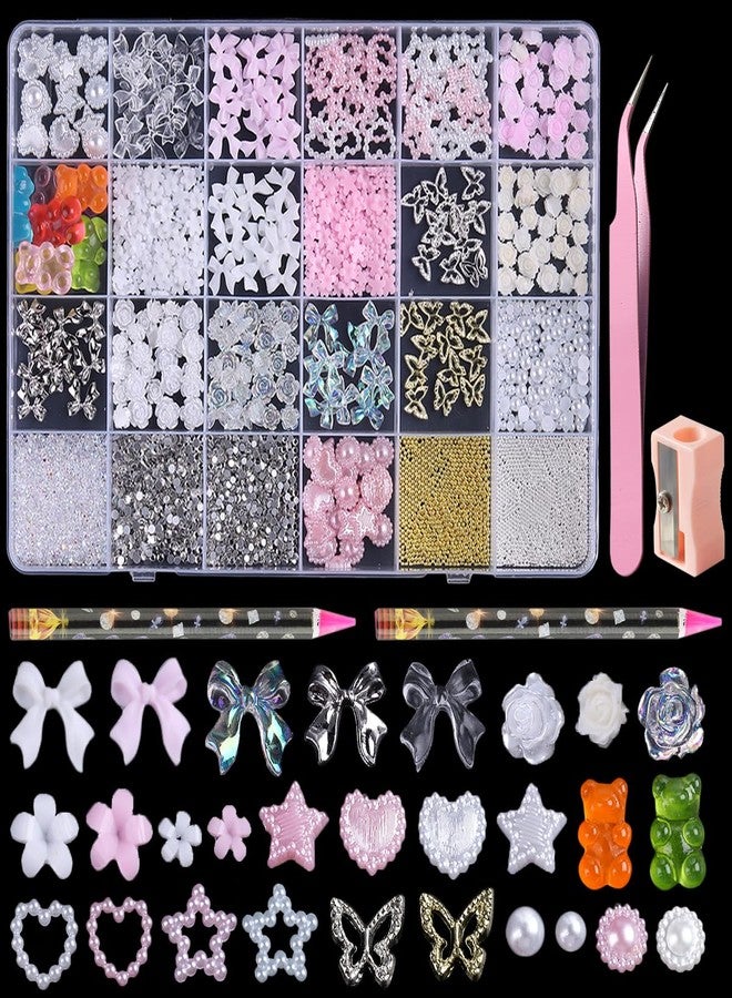 Fcozpjk 3D Nail Charms Bulk - Mix Assorted Colorful Nail Art Charms with Flowers, Hearts, Pearls, Butterflies, Bows & Crystals - Includes Pickup Tool - Image 1